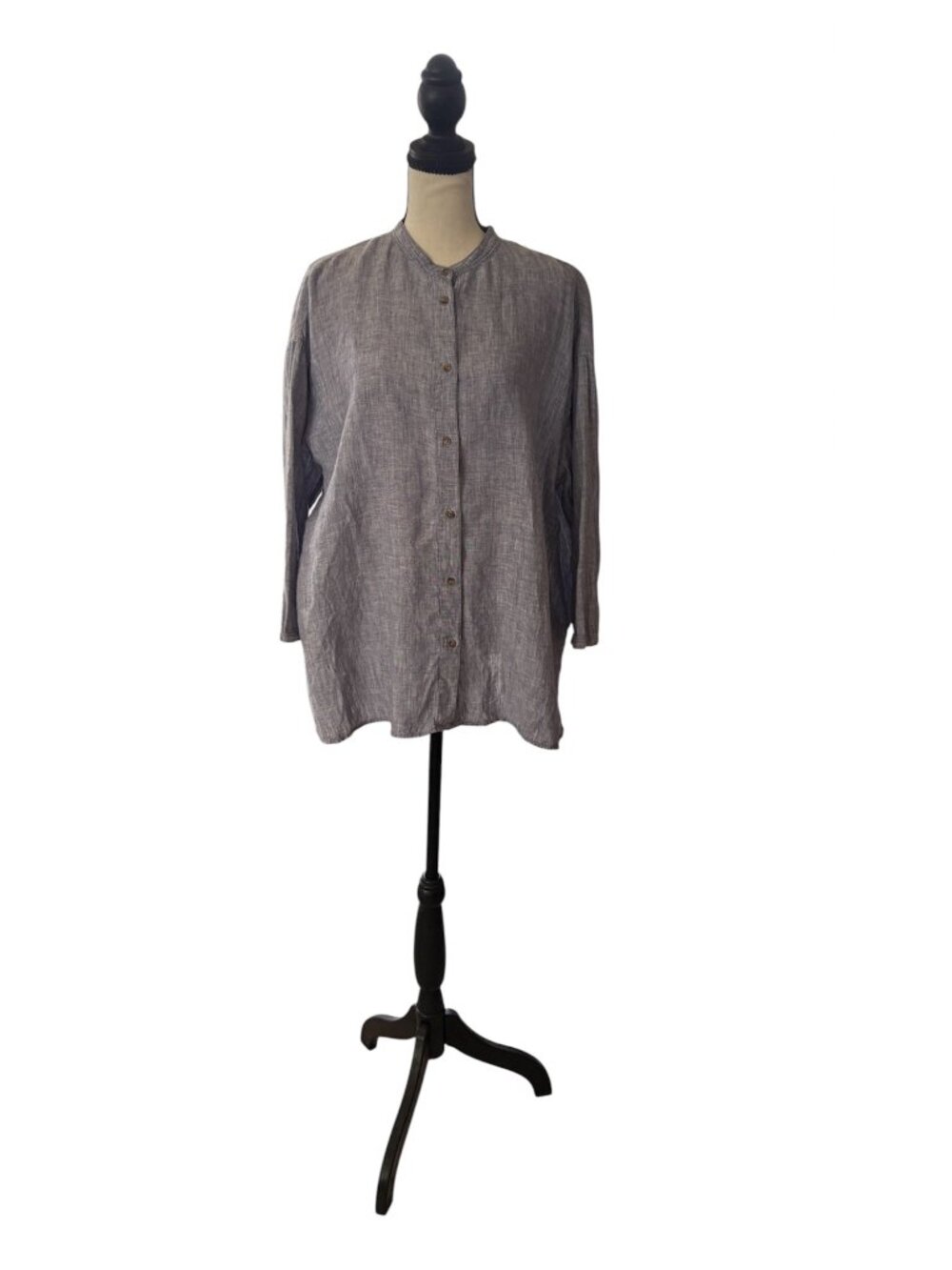 Uniqlo 100% Linen Chambray Mandarin Collar Button Up Blouse Size L